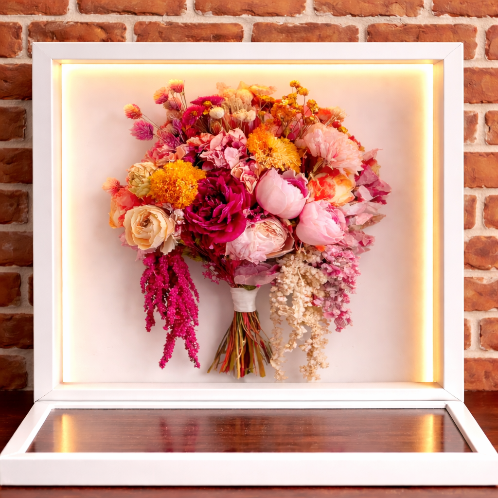 Wedding Bouquet Preservation-Preserved Flower Bridal Bouquet Preservation, Large keepsake , Light Sign Shadow Box Boutonniere Announcement